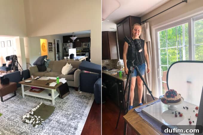 The process of selecting a new living room sectional, visualizing dimensions with outdoor cushions, and a behind-the-scenes shot of blog owner working on content while Ryan works from home.