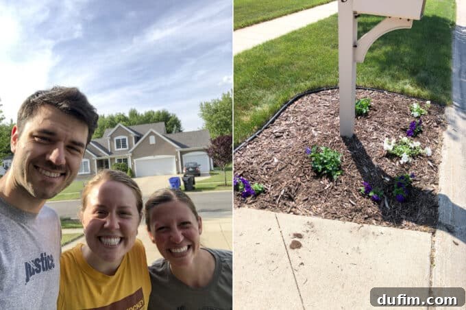 Community flood recovery efforts with friends and the beginnings of a home gardening project, planting flowers by the mailbox after clearing overgrown shrubbery.