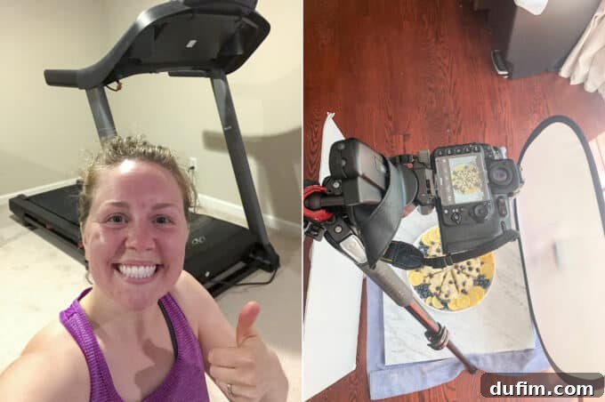 Our newly acquired used treadmill for home fitness and a tempting photo of freshly baked lemon blueberry scones, combining wellness with culinary treats.
