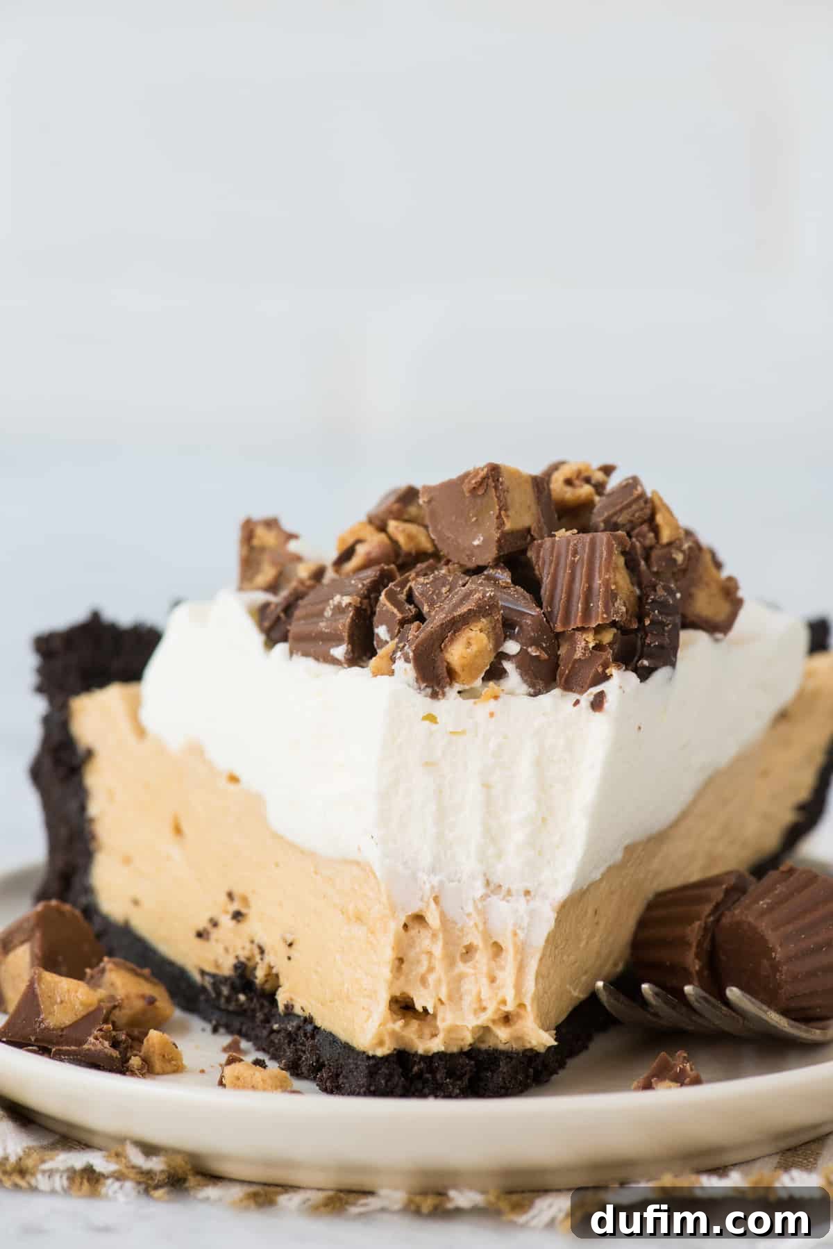 close up slice of peanut butter pie on white plate with white background