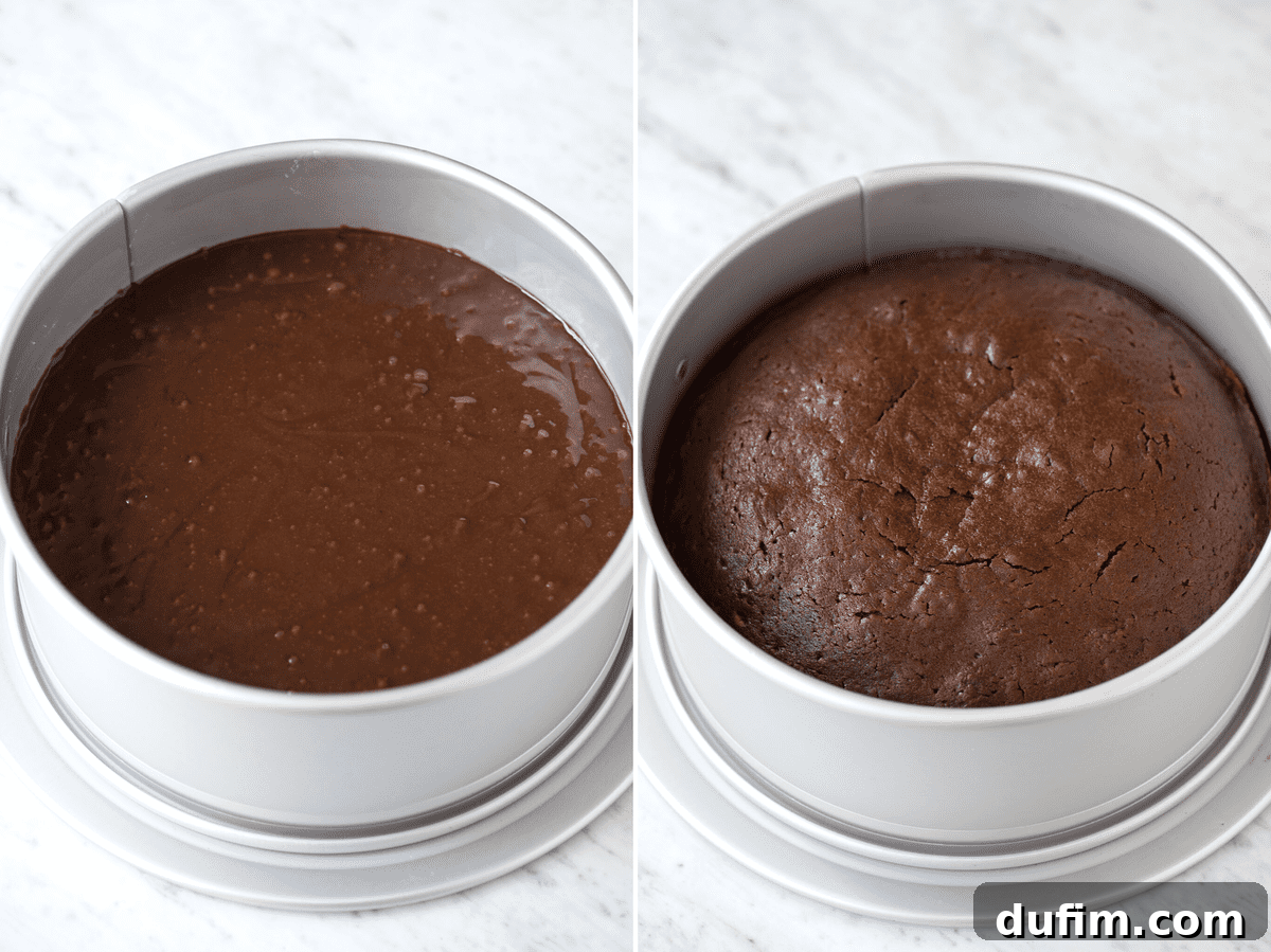 Velvet Chocolate Indulgence 3 A visual collage showcasing the chocolate mud cake baking process: on the left, rich chocolate batter fills a springform pan, ready for baking; on the right, the perfectly baked mud cake, still in its springform pan, cools to perfection.
