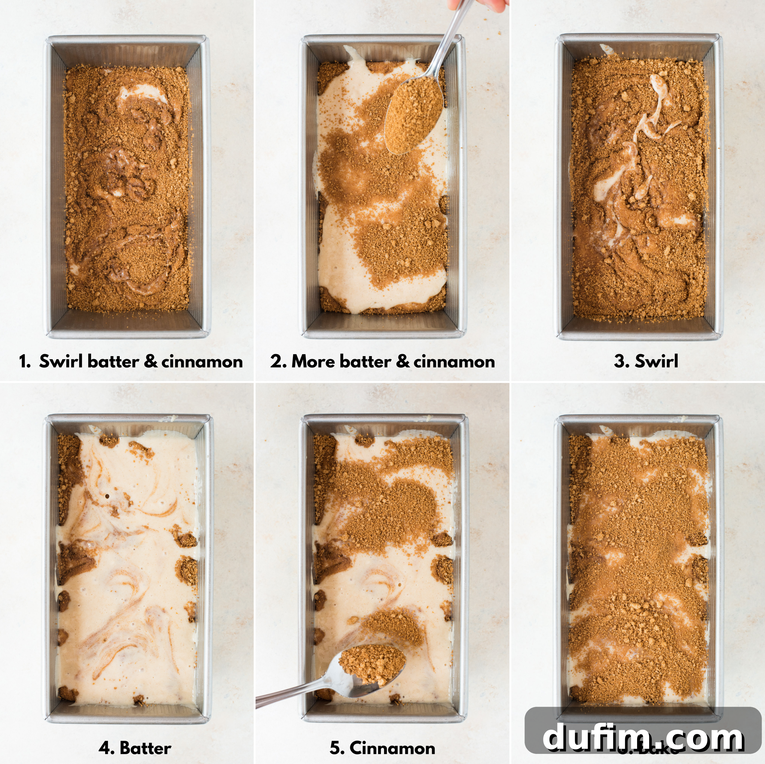 A collage demonstrating the step-by-step process of swirling cinnamon sugar into bread batter in a loaf pan.