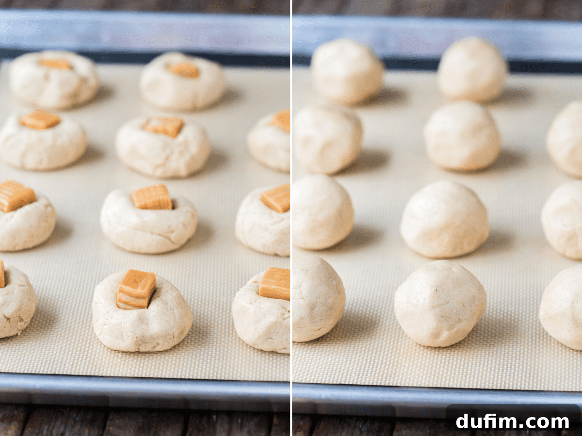 A collage showing cookie dough balls with a soft caramel square visible in the center of each, illustrating the preparation step.