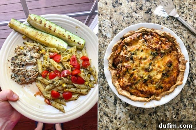 Delicious pesto pasta with fresh tomatoes, and grilled zucchini and chicken, showcasing a perfect summer meal.