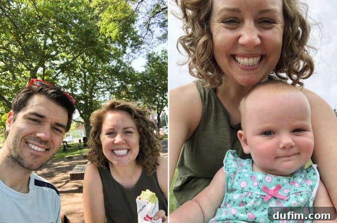 Two images: one featuring a peaceful view of Bay City's downtown waterfront during a picnic, and another showing friends, Kirstin and her children, enjoying time outdoors.