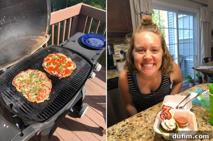 Homemade grilled pizza for a birthday dinner, accompanied by a gluten-free dessert with '31' candles.
