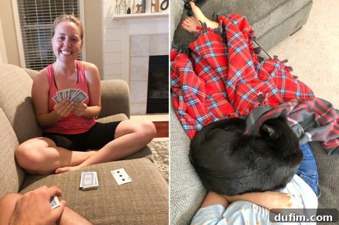 Two images: one of a hand holding playing cards during a game night, and another of a person cuddling with a cat, Salsa, during a mid-day break.