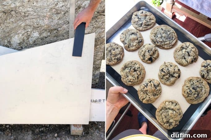 Two images: one showing a white quartz countertop sample for a bathroom vanity, and another of baked Oreo cookies for a nephew's birthday.