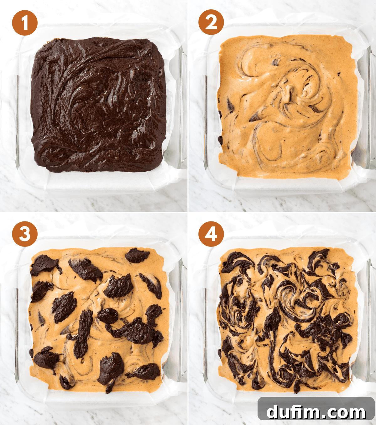 Pumpkin Cheesecake Swirl Brownies 4 A visual guide showing the process of swirling pumpkin cheesecake and brownie batter together in a pan to create marbled pumpkin cheesecake brownies.