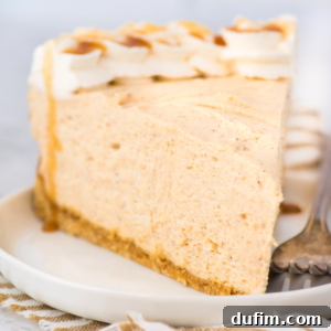 A close-up of a creamy slice of no bake pumpkin cheesecake with a graham cracker crust, topped with whipped cream and caramel drizzle, served on a white plate with a fork beside it.