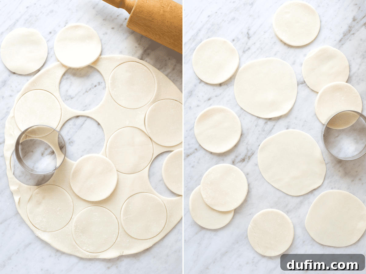 A step-by-step collage demonstrating how to properly cut and prepare mini pie crusts for baking in a muffin pan, ensuring a perfect fit.