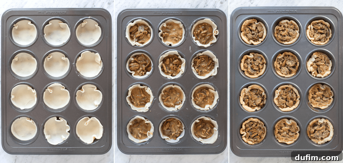 A helpful collage illustrating the step-by-step assembly of mini pecan pies in a muffin pan, from crust placement to filling.
