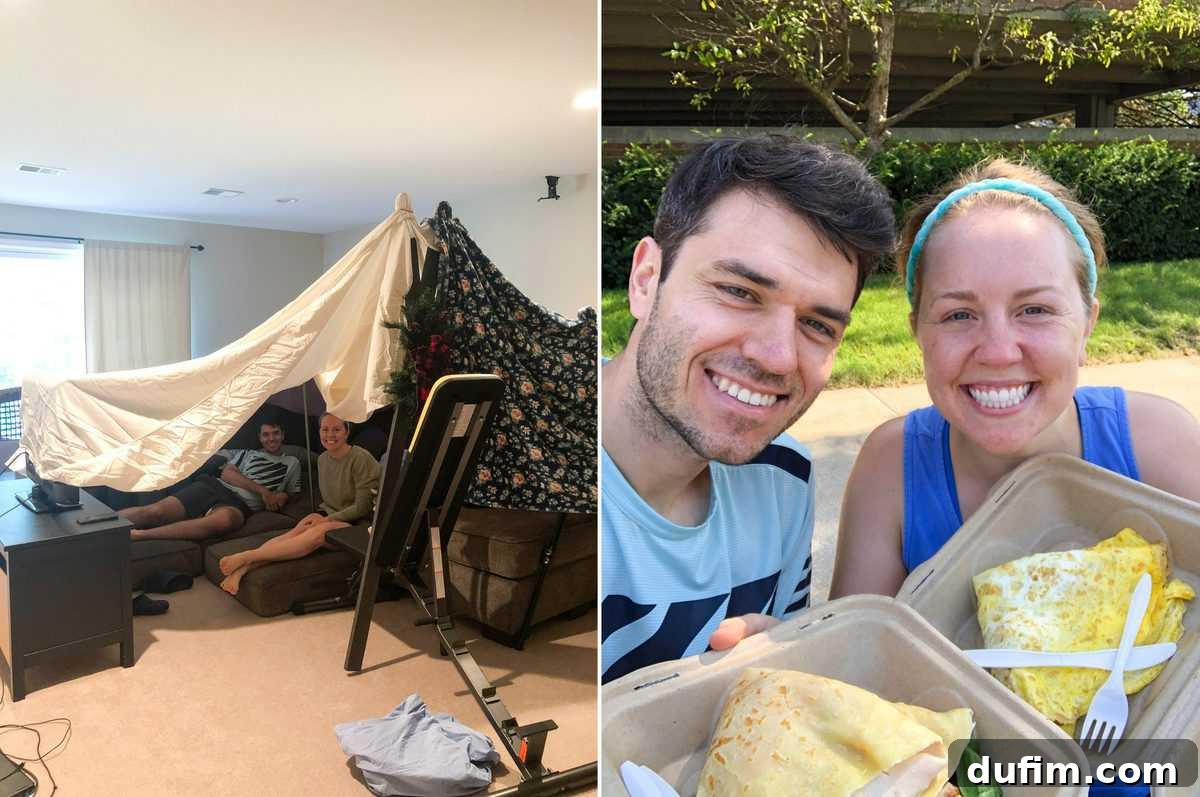 August 2020: Out of the Kitchen 2 Couple building a blanket fort in their living room, followed by a photo of delicious crepes.