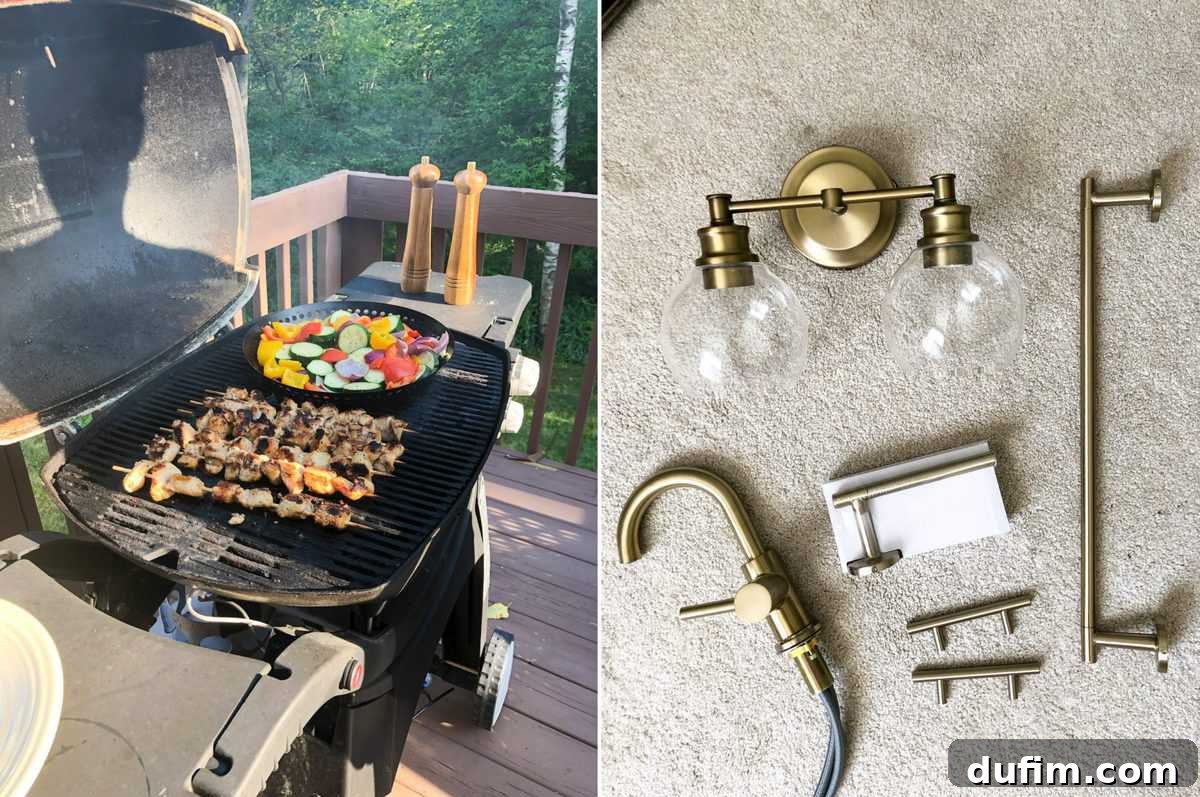 August 2020: Out of the Kitchen 3 Ryan grilling teriyaki chicken kabobs, and a close-up of champagne bronze bathroom hardware.