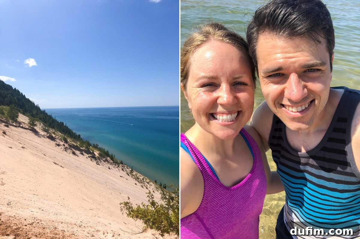 August 2020: Out of the Kitchen 4 Scenic view of sand dunes meeting a lake at Arcadia Dunes in Michigan, with a couple hiking.