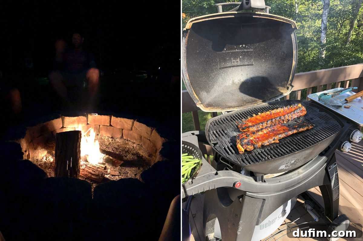 August 2020: Out of the Kitchen 5 Friends gathered around a bonfire for a socially distant game night, and close-up of perfectly grilled ribs.