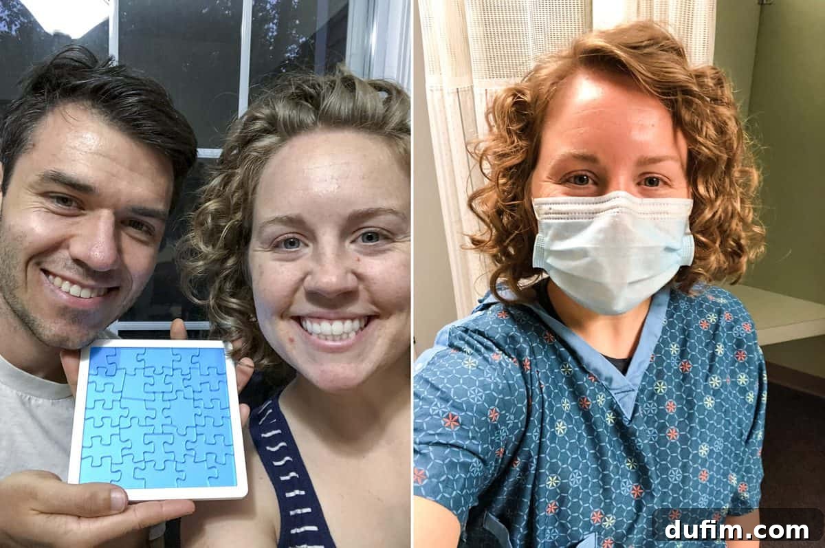August 2020: Out of the Kitchen 6 Couple working on a small, intricate puzzle, and a text graphic about an infertility journey update.