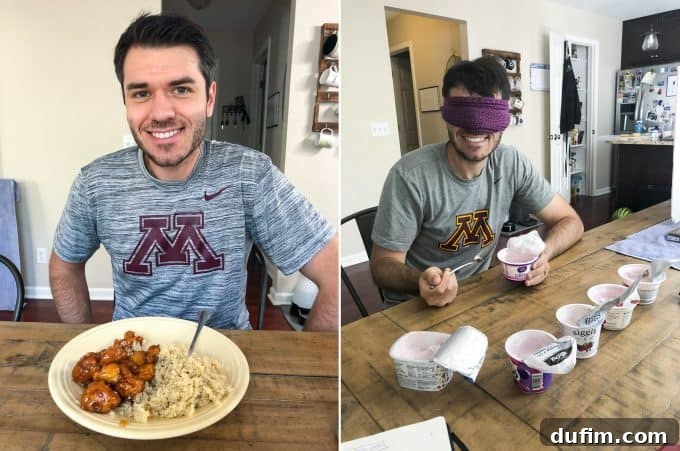 August 2020: Out of the Kitchen 8 Ryan proudly presenting his homemade gluten-free orange chicken, and a selection of yogurts for a blind taste test.