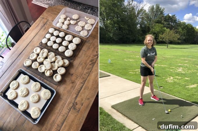 August 2020: Out of the Kitchen 9 Multiple batches of sugar cookies spread out for recipe testing, and a couple hitting golf balls at a driving range.