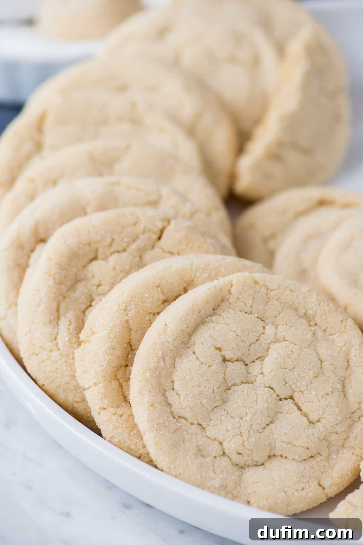 A beautiful curve of Amish sugar cookies arranged on a white platter, highlighting their uniform round shape and sugary crust.