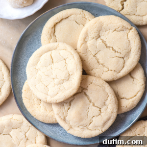 A plate filled with round, golden sugar cookies with crackled surfaces sits on the table, surrounded by even more delicious sugar cookies.
