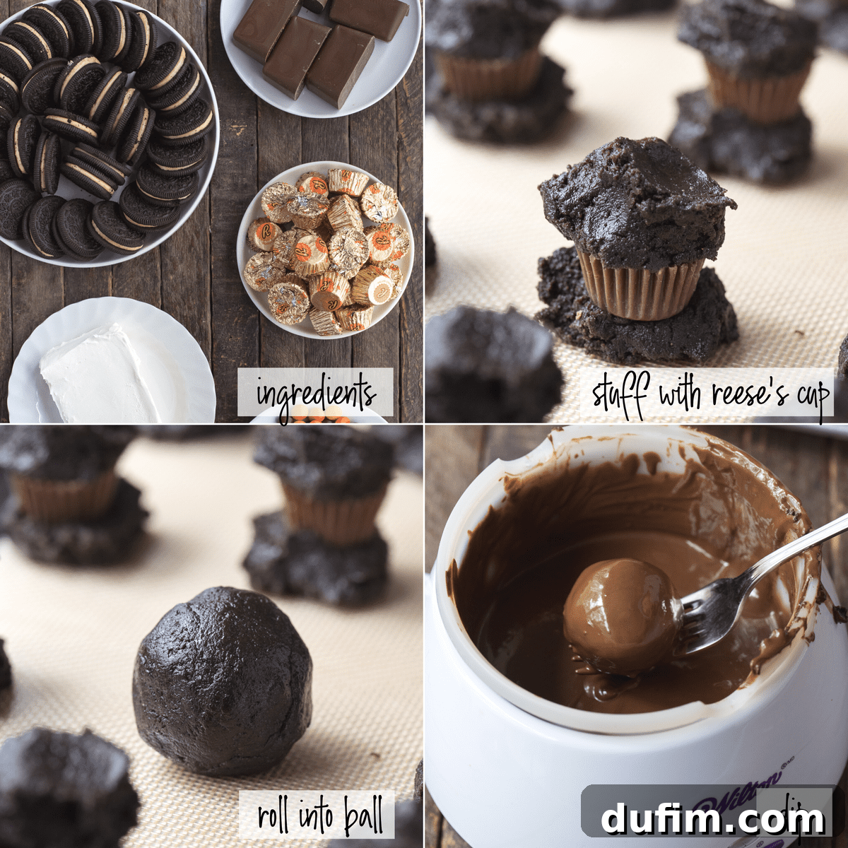 A step-by-step visual guide showing the process of making Reese's Oreo Balls. The collage features images of crushing Oreos, mixing ingredients, shaping the balls around peanut butter cups, and dipping them in chocolate, making it easy for home bakers to follow along.