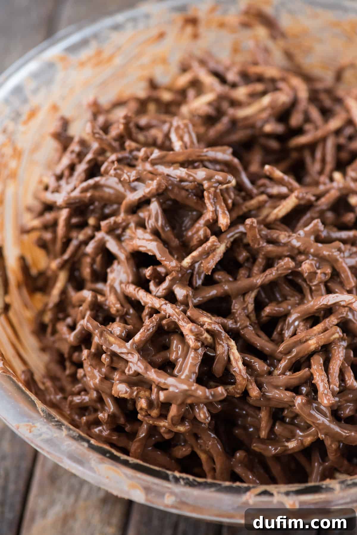 chocolate haystack mixture in glass bowl
