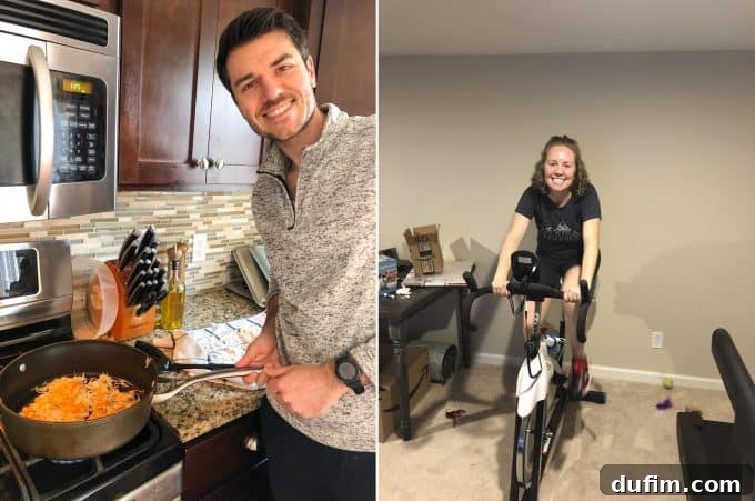 Kitchen Unplugged: November 2020 6 A plate of freshly grated, homemade hash browns, and a person riding a spin bike at home.