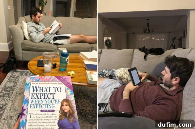 Kitchen Unplugged: November 2020 7 A man reading a pregnancy book, and a dog (Salsa) relaxing on the back of a couch with two men.