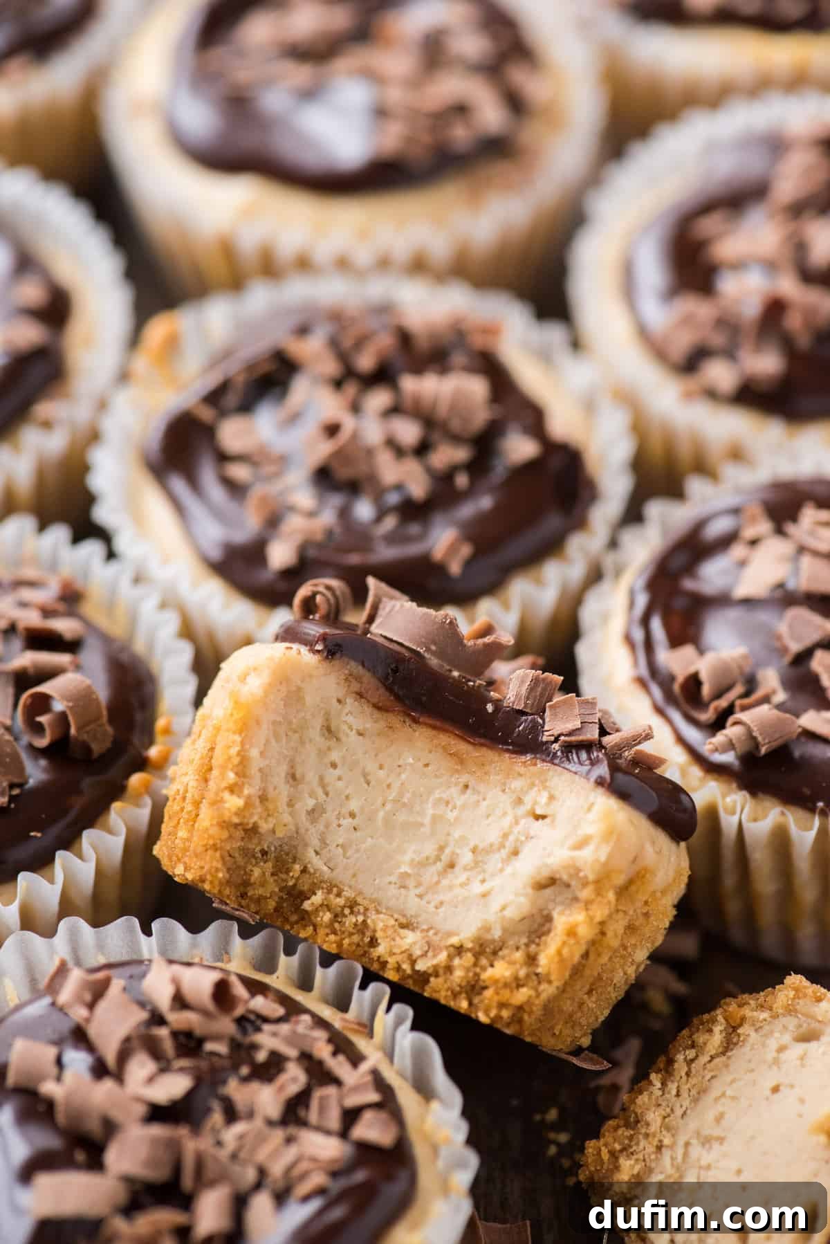 Peanut Butter Cheesecake Bites 3 A close-up view of multiple mini peanut butter cheesecakes topped with a glossy chocolate ganache, arranged together with one cheesecake showing a bite taken out, revealing its creamy texture.