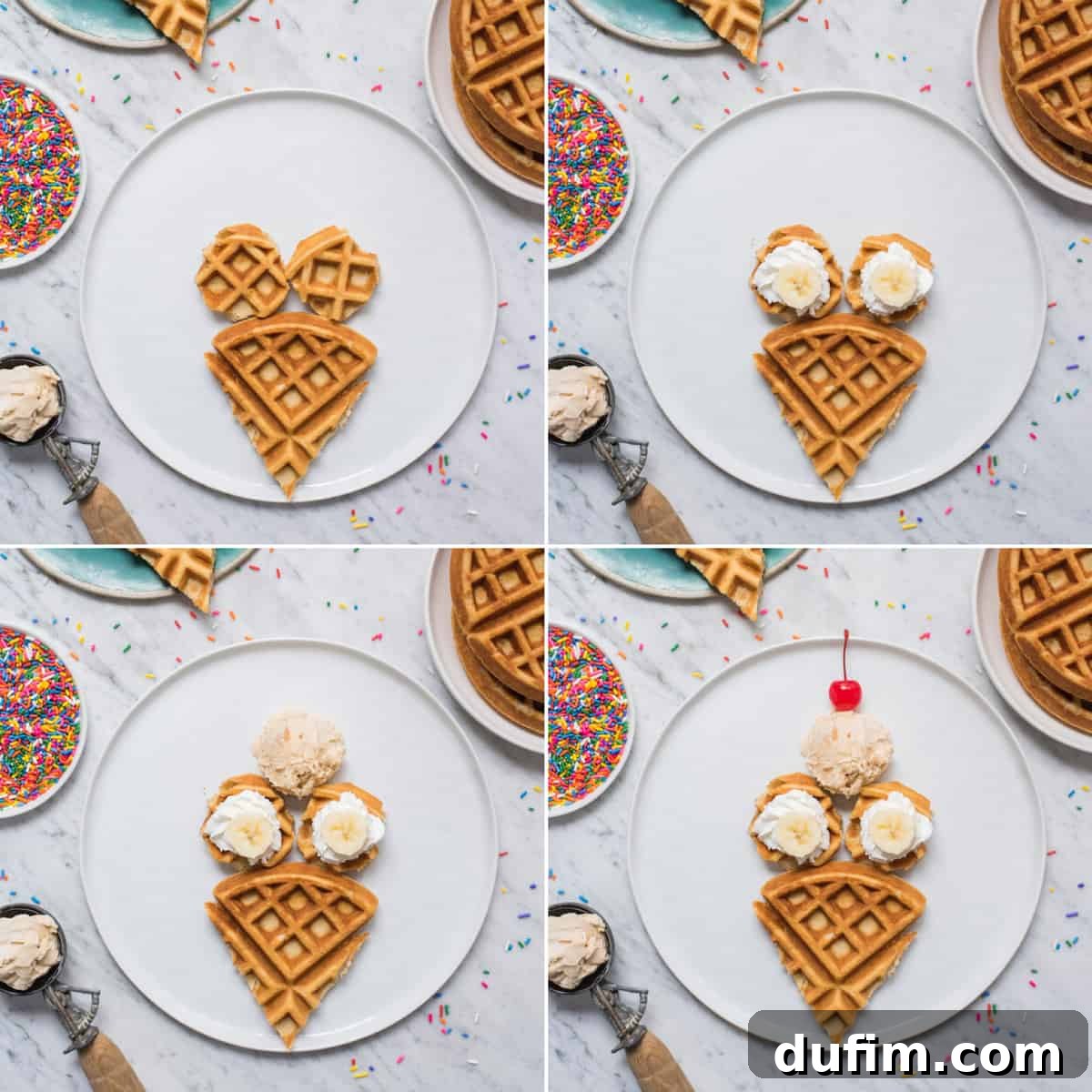 A freshly made, golden-brown Belgian waffle, partially cut to demonstrate the start of shaping it into an ice cream cone. The waffle sits on a white plate against a white background.