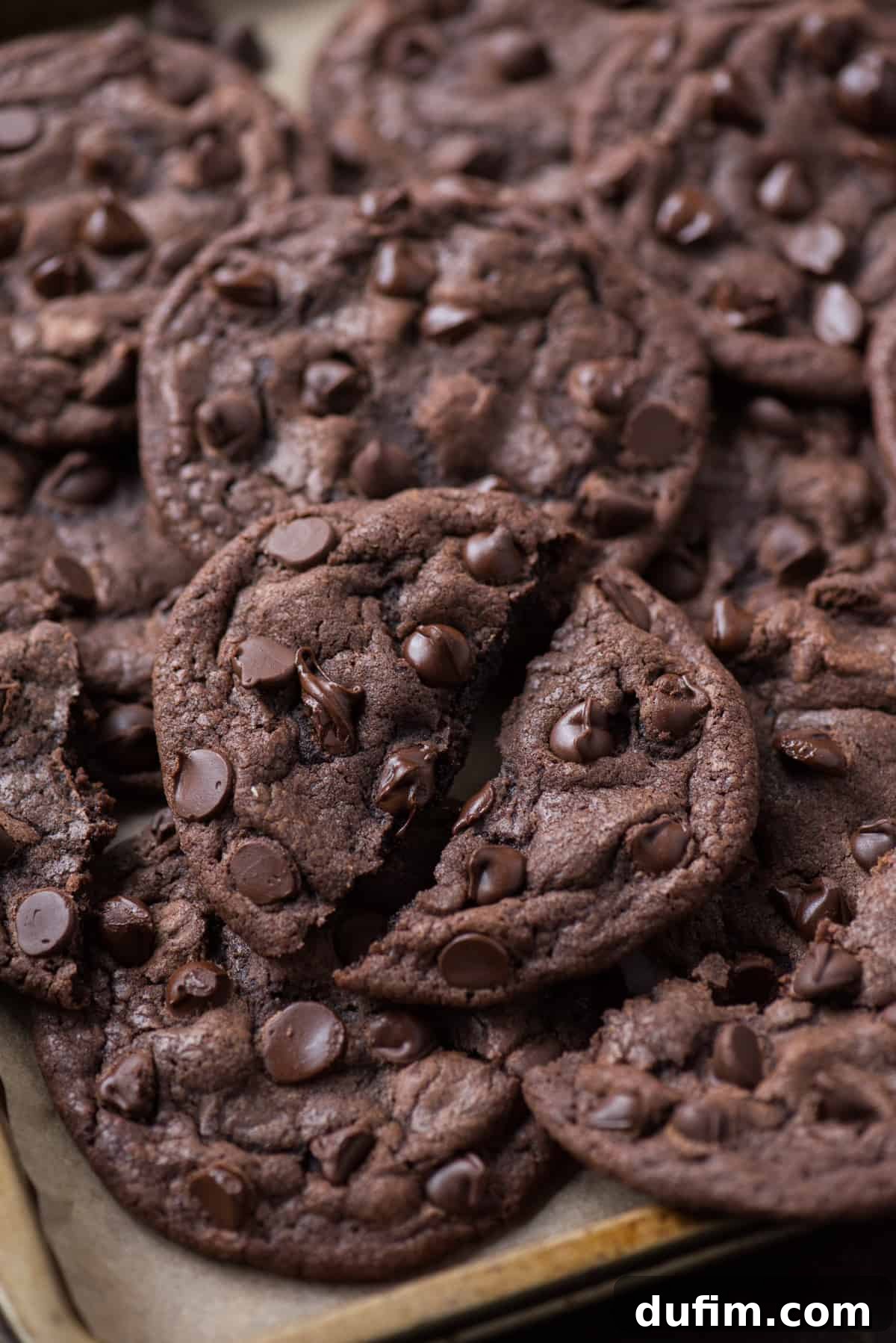 Warm double chocolate chip cookies arranged on brown parchment paper, with a center cookie broken in half to reveal its soft, gooey interior and abundant chocolate chips.