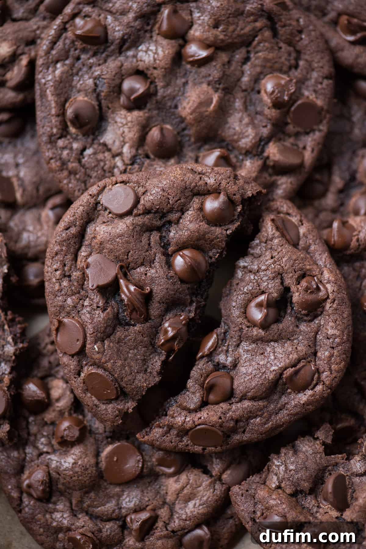 Close-up of a single double chocolate chip cookie broken in half, revealing a rich, gooey interior filled with melted chocolate chips, indicating a perfectly fudgy texture.