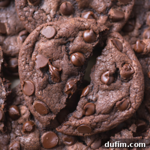 Close-up of double chocolate chip cookies, with one broken in half to reveal a soft, gooey texture and plenty of melted chocolate chips throughout. A perfect fudgy treat.