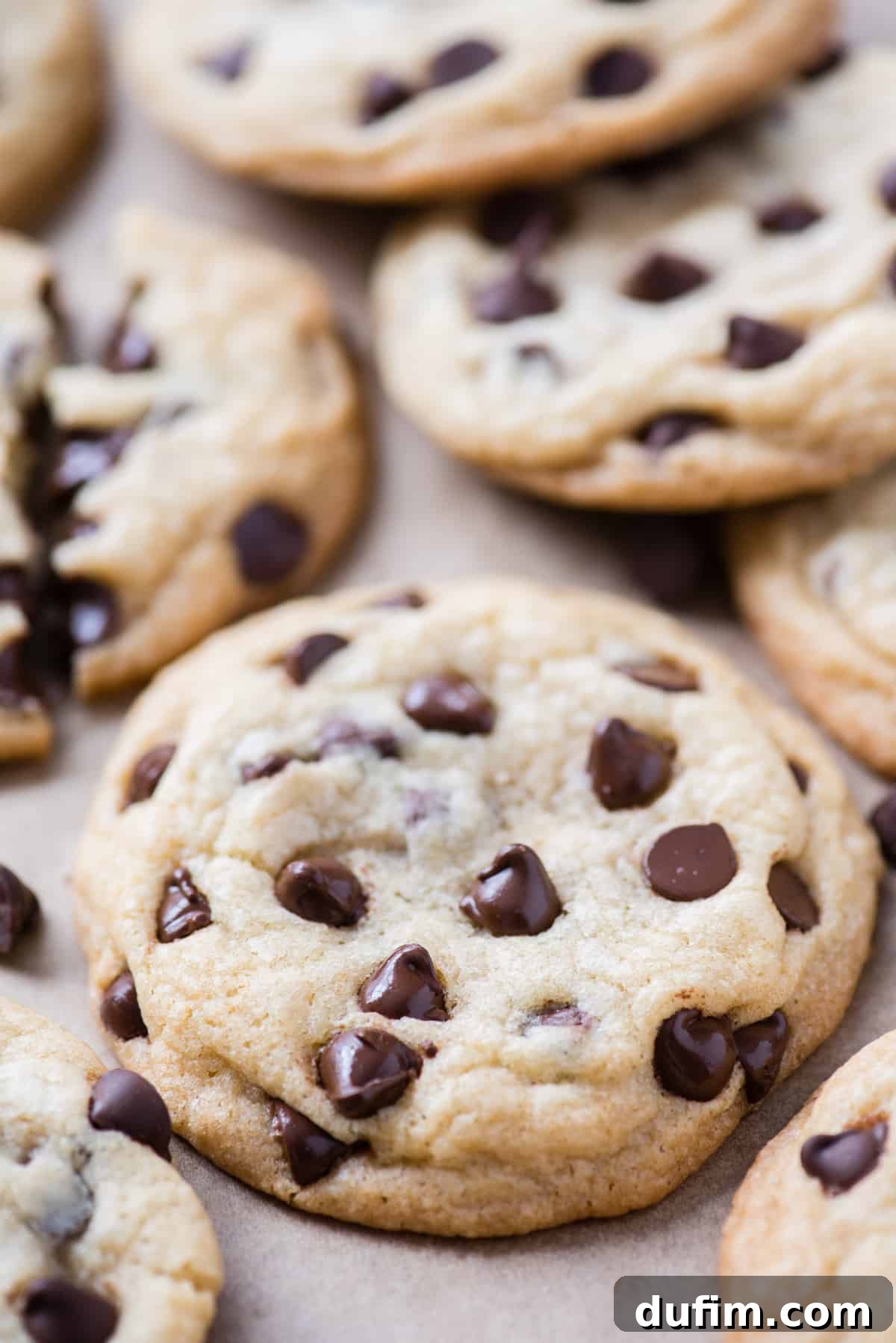 A single perfectly baked chocolate chip cookie in sharp focus, sitting on a sheet of brown parchment paper. More delicious cookies blur softly in the background, hinting at a fresh batch.