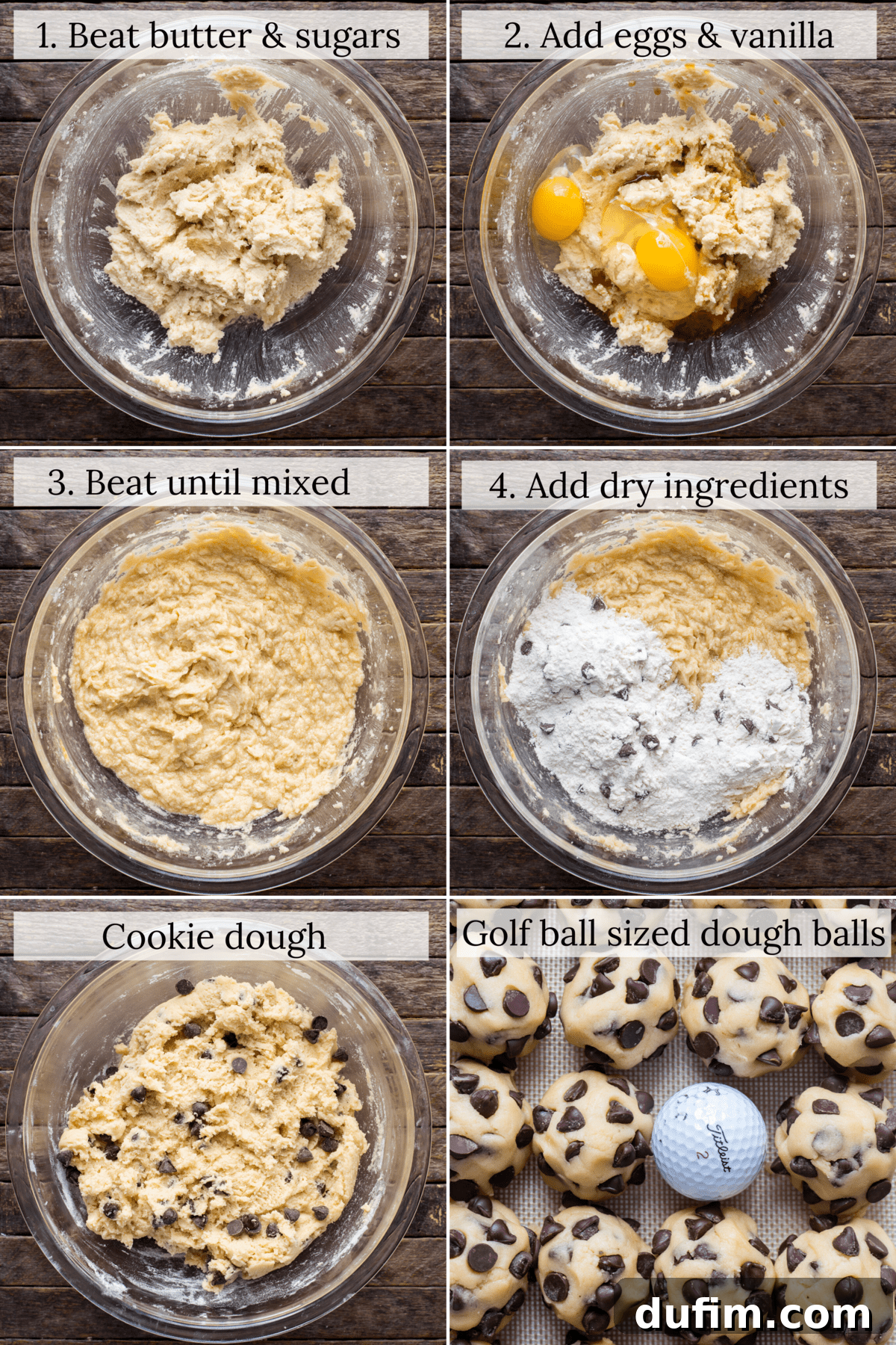 A collage of step-by-step images demonstrating how to make chocolate chip cookie dough, featuring key stages like creaming butter and sugar, adding eggs, and mixing dry ingredients, with text overlays for clarity.