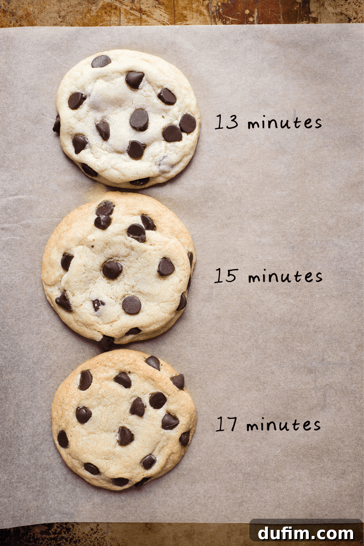 A trio of chocolate chip cookies displayed side-by-side on parchment paper, each clearly labeled with a different baking time (13, 15, and 17 minutes) to illustrate varying levels of doneness and texture.
