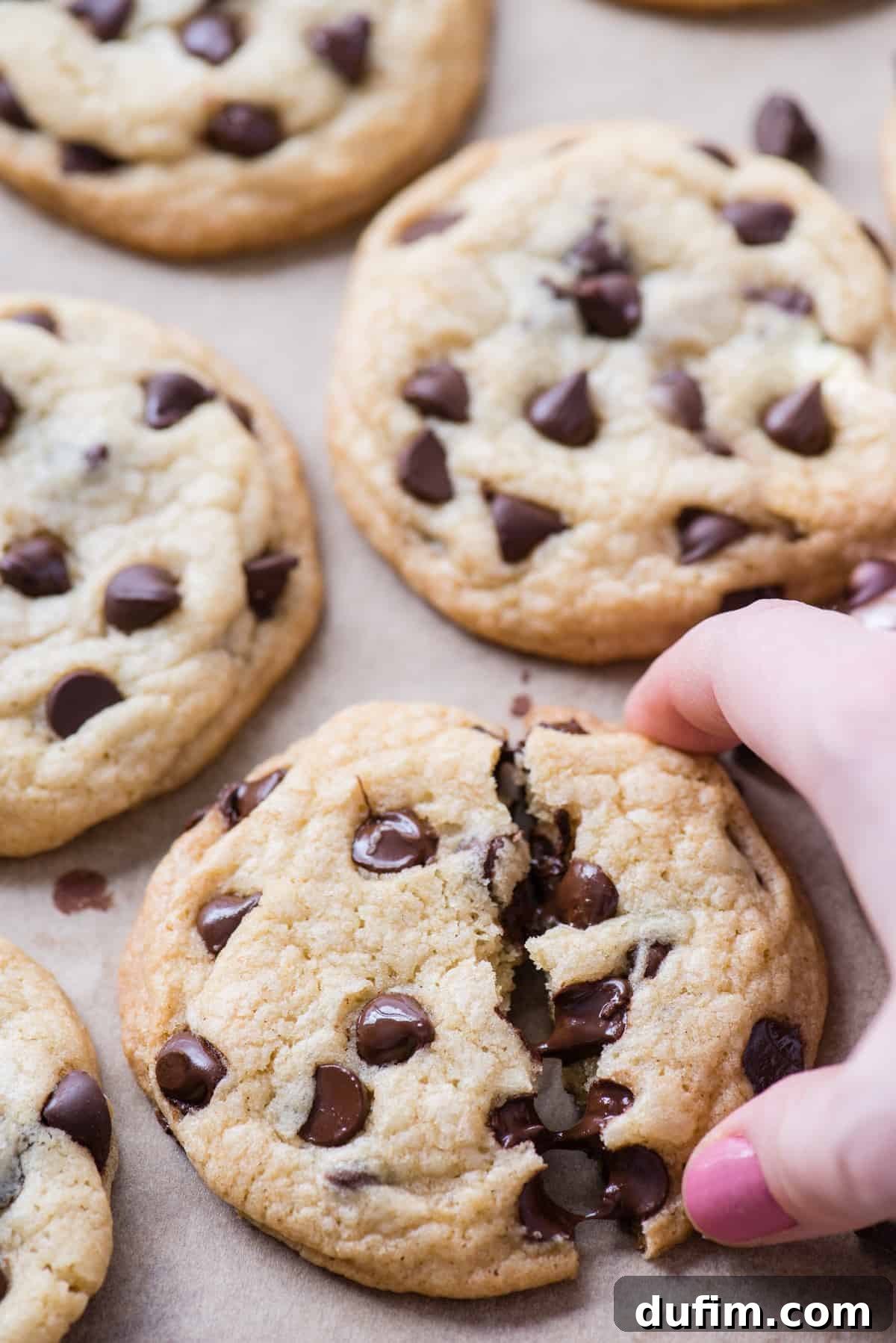 A close-up of a hand gently breaking a freshly baked chocolate chip cookie in half on brown parchment paper, revealing its soft, warm interior and melted chocolate chips.