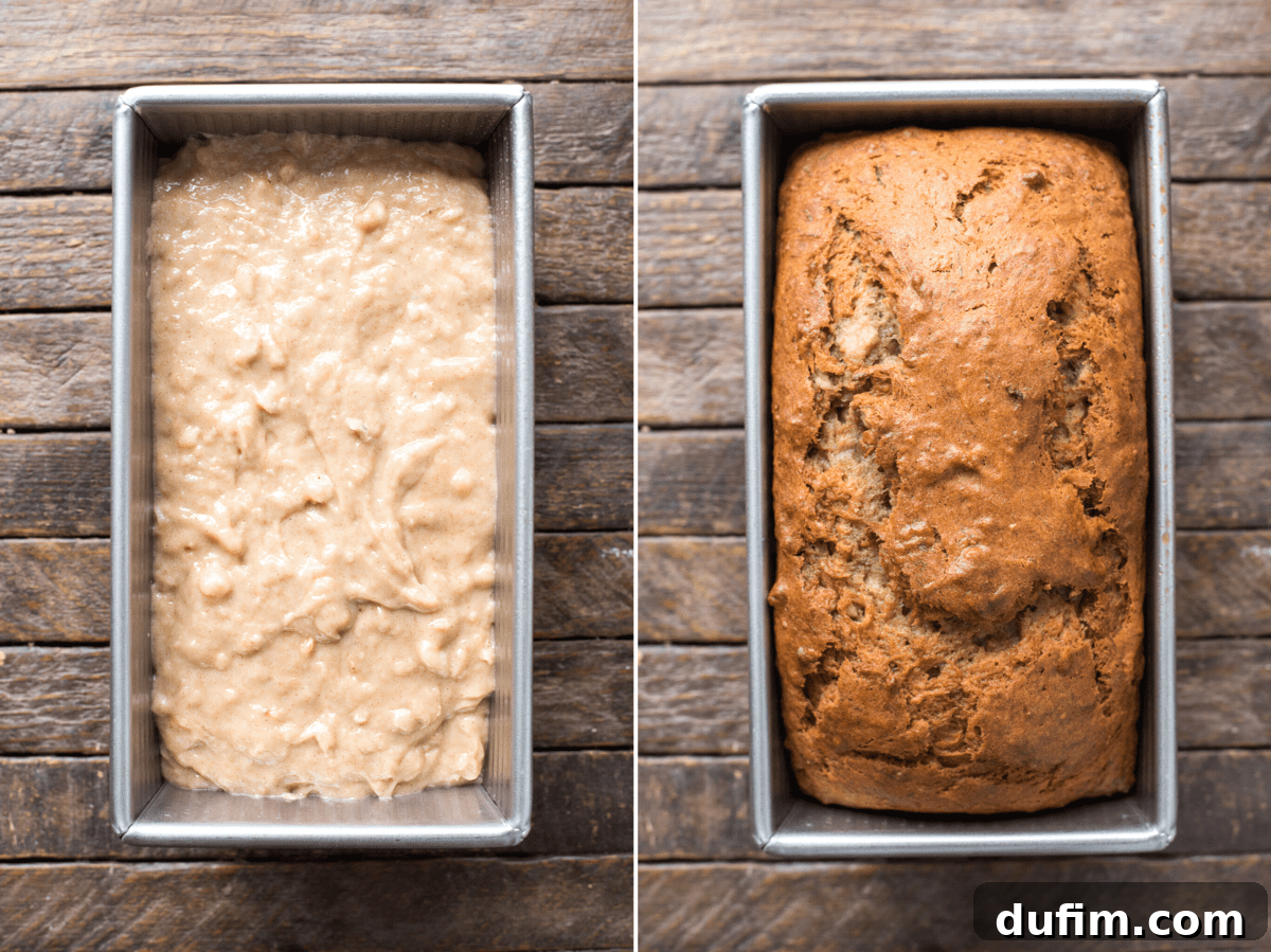 banana bread batter on the left and baked banana bread in metal loaf pan on the right collage