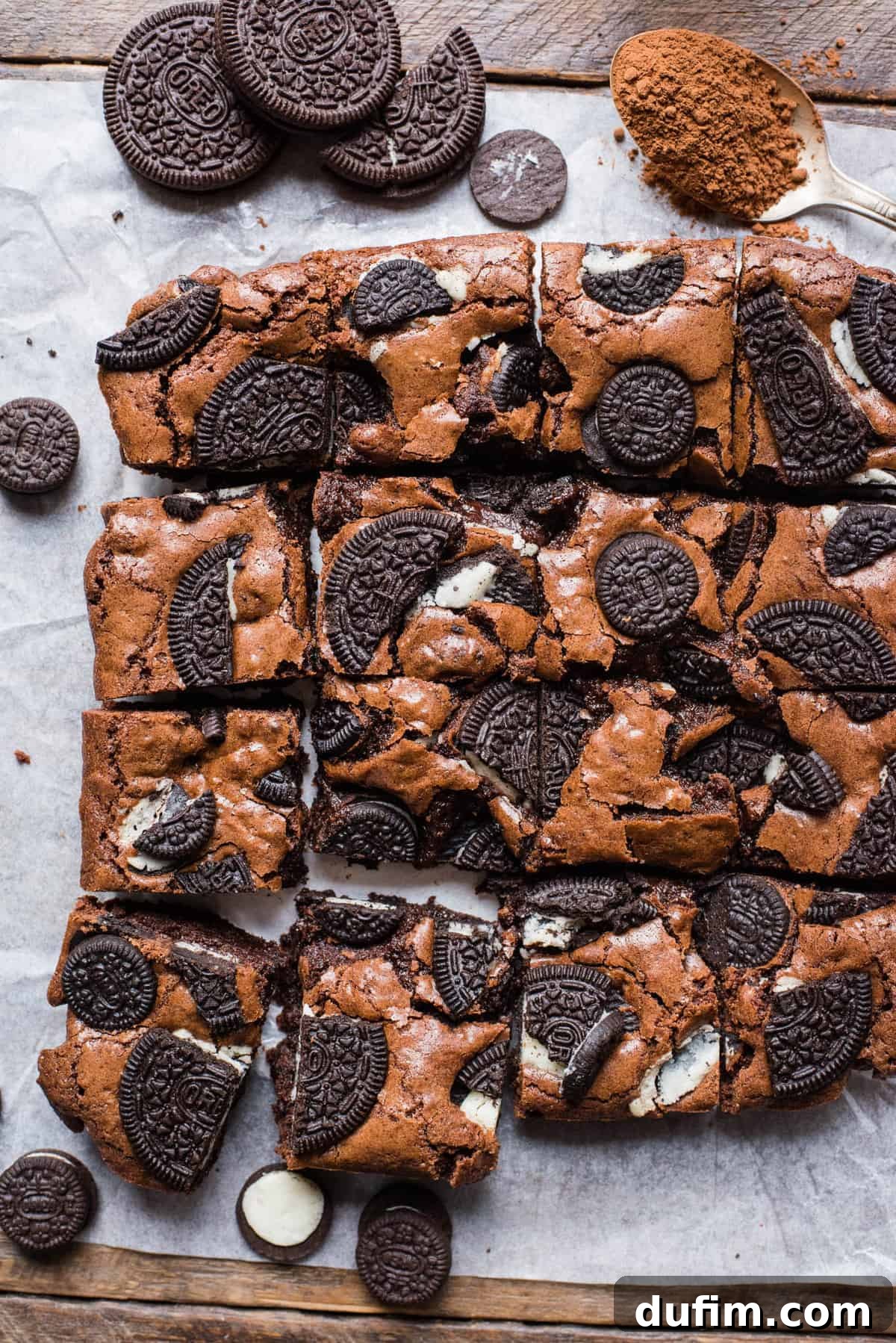 Decadent Oreo Fudge Brownies 3 Close-up of freshly baked Oreo brownies, cut into neat squares, arranged on white parchment paper. The tops are adorned with visible Oreo cookie chunks.
