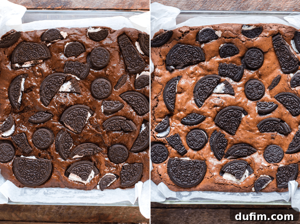 Decadent Oreo Fudge Brownies 4 A two-panel collage showing brownie batter before baking, smooth and dark with crushed Oreos, and the same brownies after baking, risen and golden with a crackly top and melted Oreo pieces.