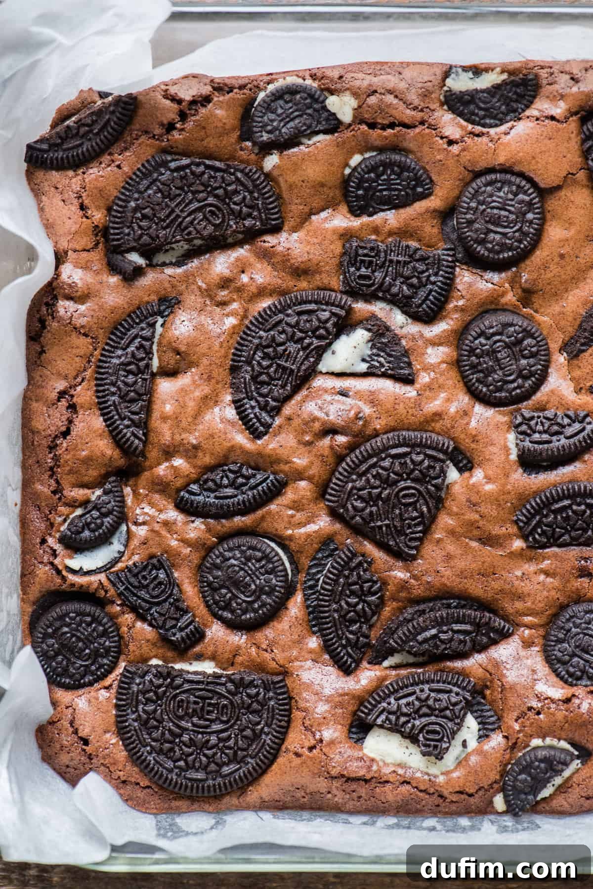 Decadent Oreo Fudge Brownies 6 A full pan of rich, dark homemade Oreo brownies in a glass dish, lined with white parchment paper. The top is covered with visible chunks of Oreo cookies.