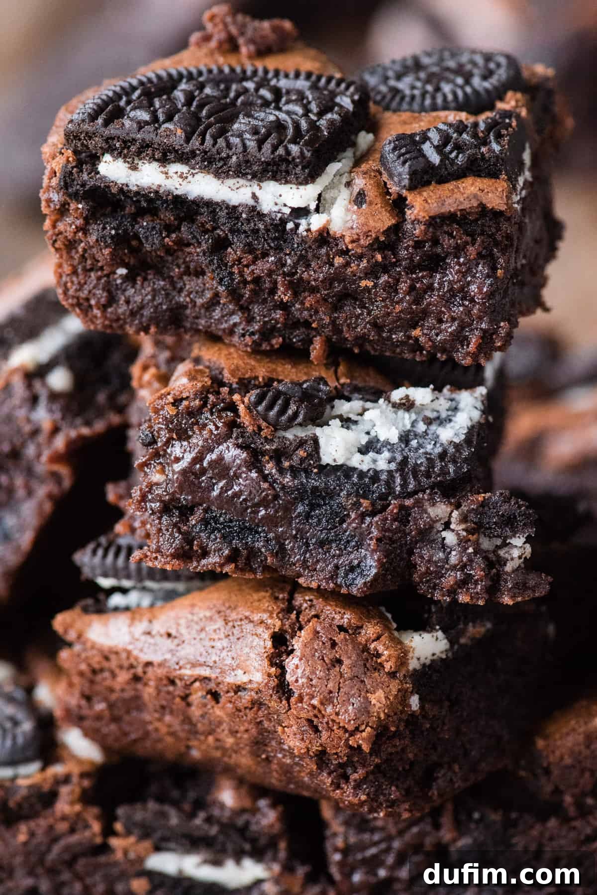 Decadent Oreo Fudge Brownies 7 Four perfectly cut, rich Oreo brownie squares stacked on top of each other, showcasing their fudgy interior and crunchy Oreo toppings.
