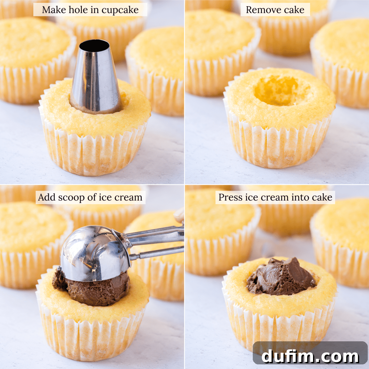 A visual collage demonstrating the simple process of creating a cavity in the center of baked cupcakes, essential for filling them with ice cream. The images show various tools that can be used.