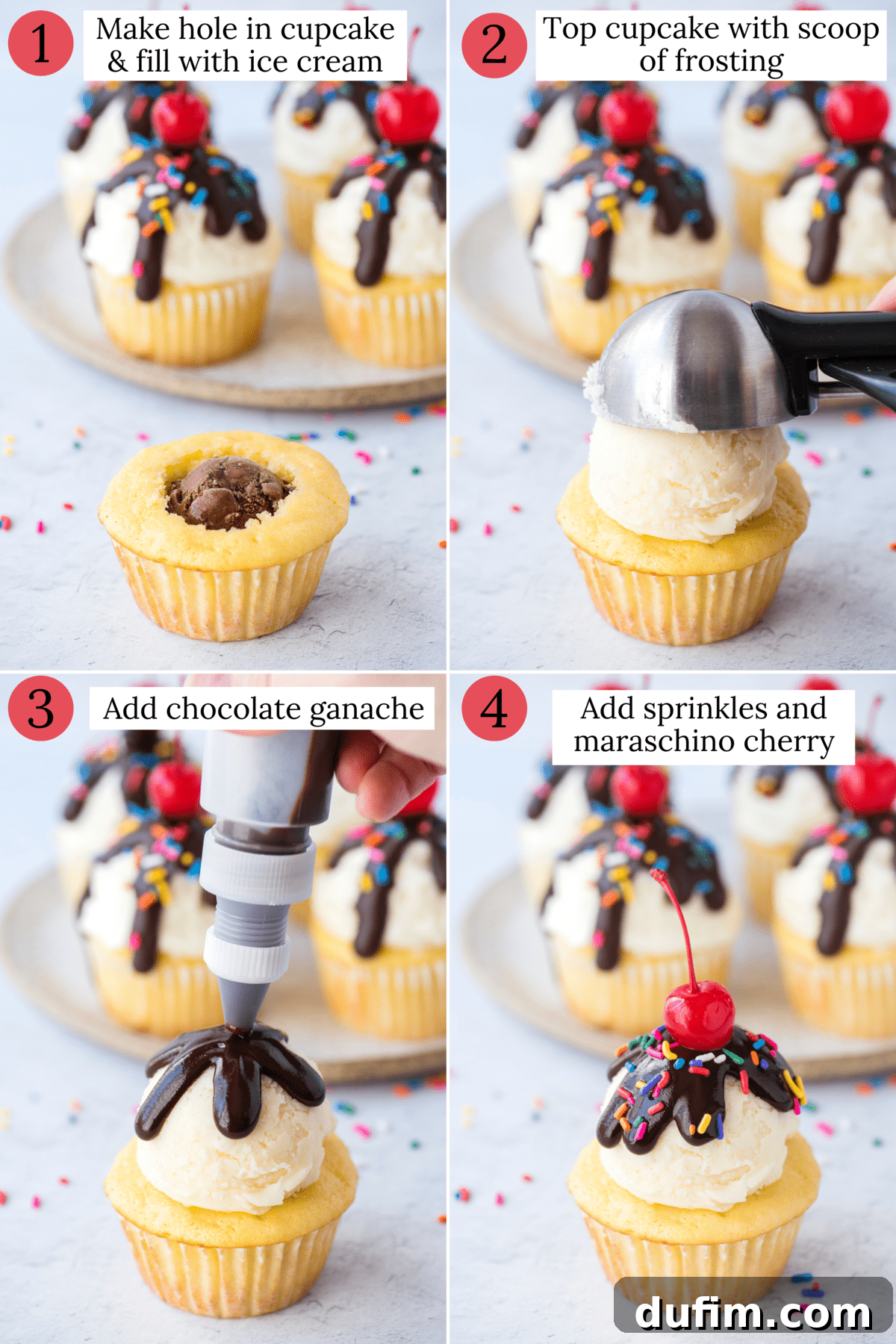 A step-by-step collage demonstrating the assembly process of ice cream cupcakes, from filling with ice cream to adding frosting and toppings, showcasing the delightful transformation.