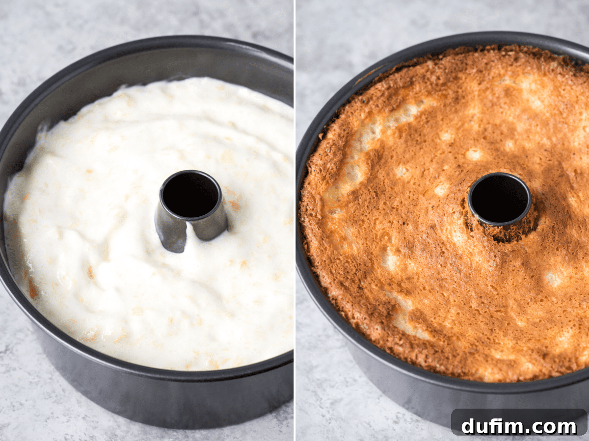 A collage showing angel food cake batter in a fluted pan on the left and a perfectly baked golden angel food cake in the same pan on the right.