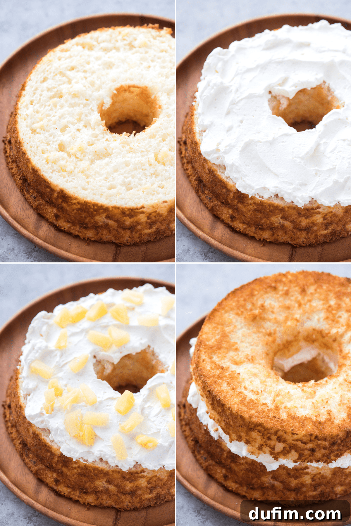 A four-panel collage illustrating the step-by-step process of assembling a layered pineapple angel food cake with whipped cream.