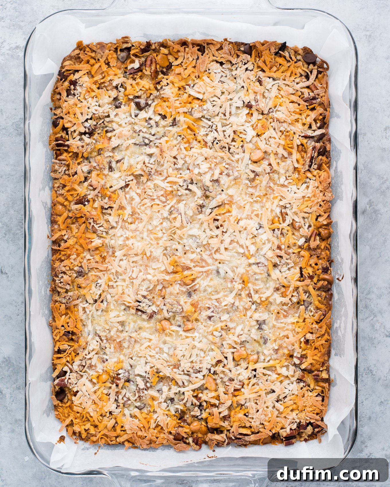 baked 7 layer bars in glass pan