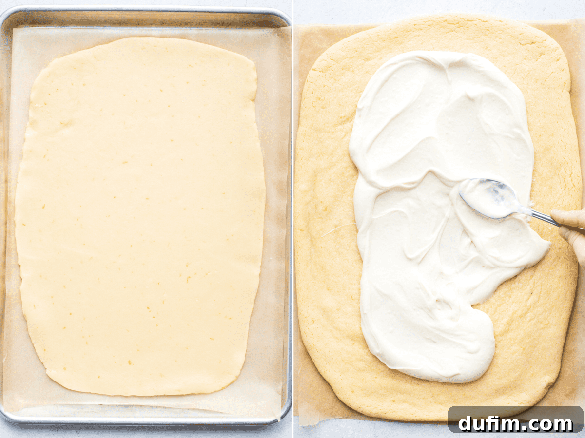 Two images: one showing fruit pizza crust before baking, and another depicting cream cheese frosting being spread onto the baked crust.