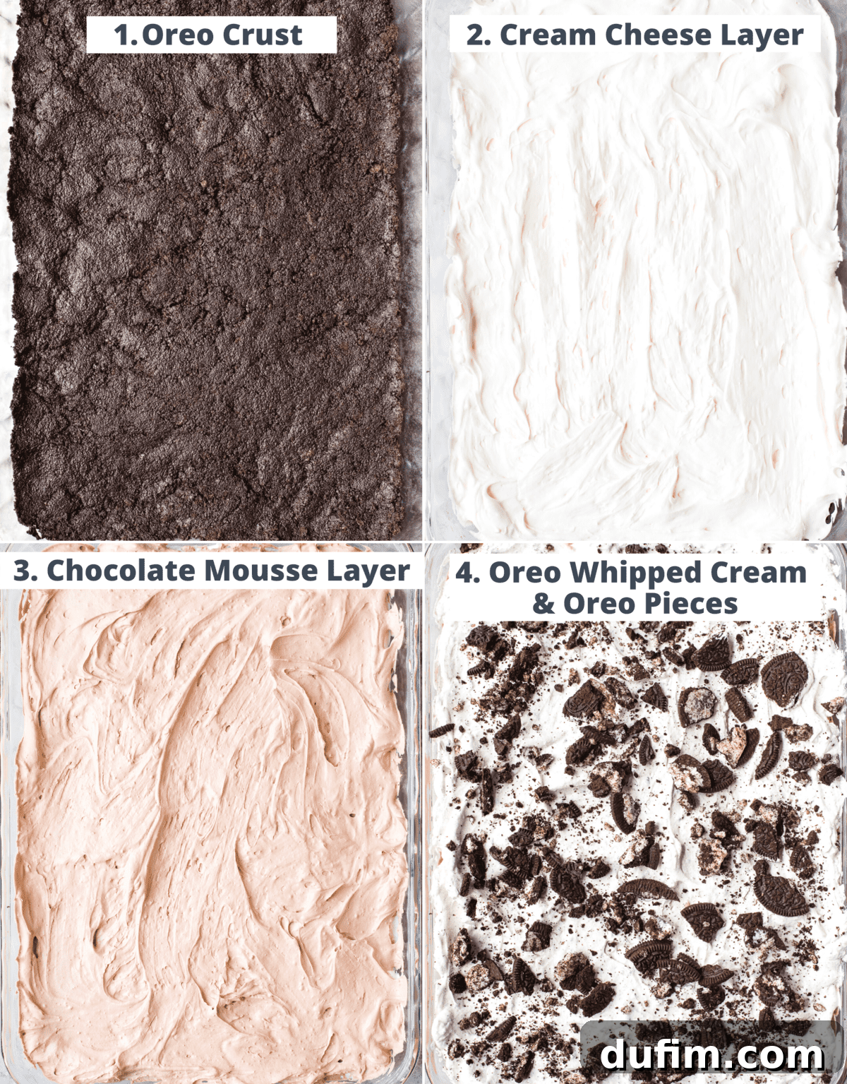 A visual collage illustrating the four distinct layers of the No-Bake Oreo Dessert during assembly: starting with the crushed Oreo crust, followed by the creamy cheese layer, then the rich chocolate mousse, and finally topped with fluffy Oreo whipped cream and extra crushed Oreos.